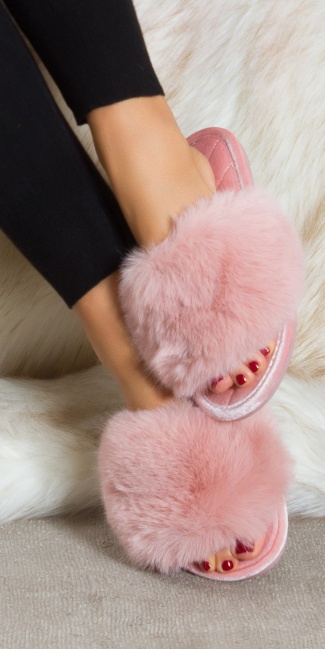 Slides met faux fur roze